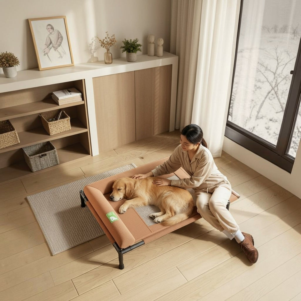 Mincy Pets elevated dog bed with cooling mesh and soft L-shaped pillow, featuring a golden retriever resting comfortably