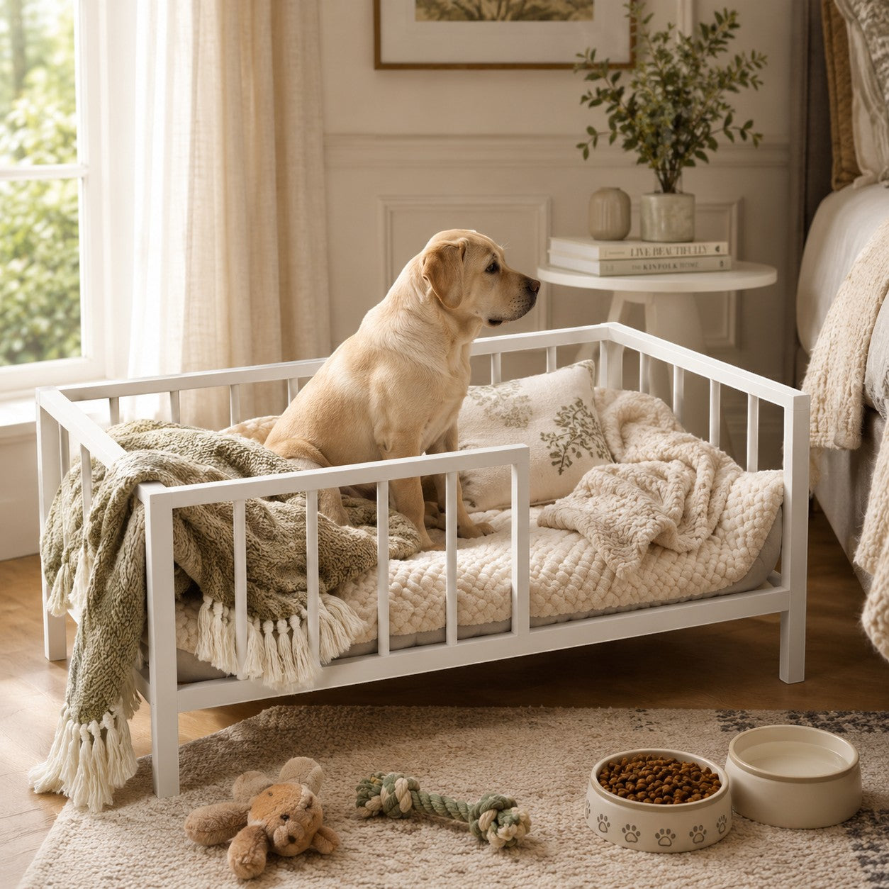 Mincy Pets elevated dog bed with a white wood and metal frame, featuring a reversible mat and a yellow Labrador.