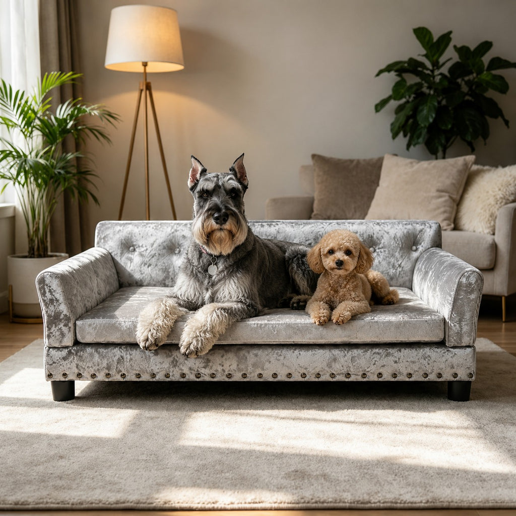 Mincy Pets elevated silver velvet dog sofa bed with a removable cushion, featuring a tufted design for medium to large dogs.