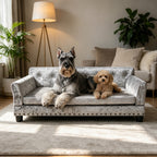 Mincy Pets elevated silver velvet dog sofa bed with a removable cushion, featuring a tufted design for medium to large dogs.