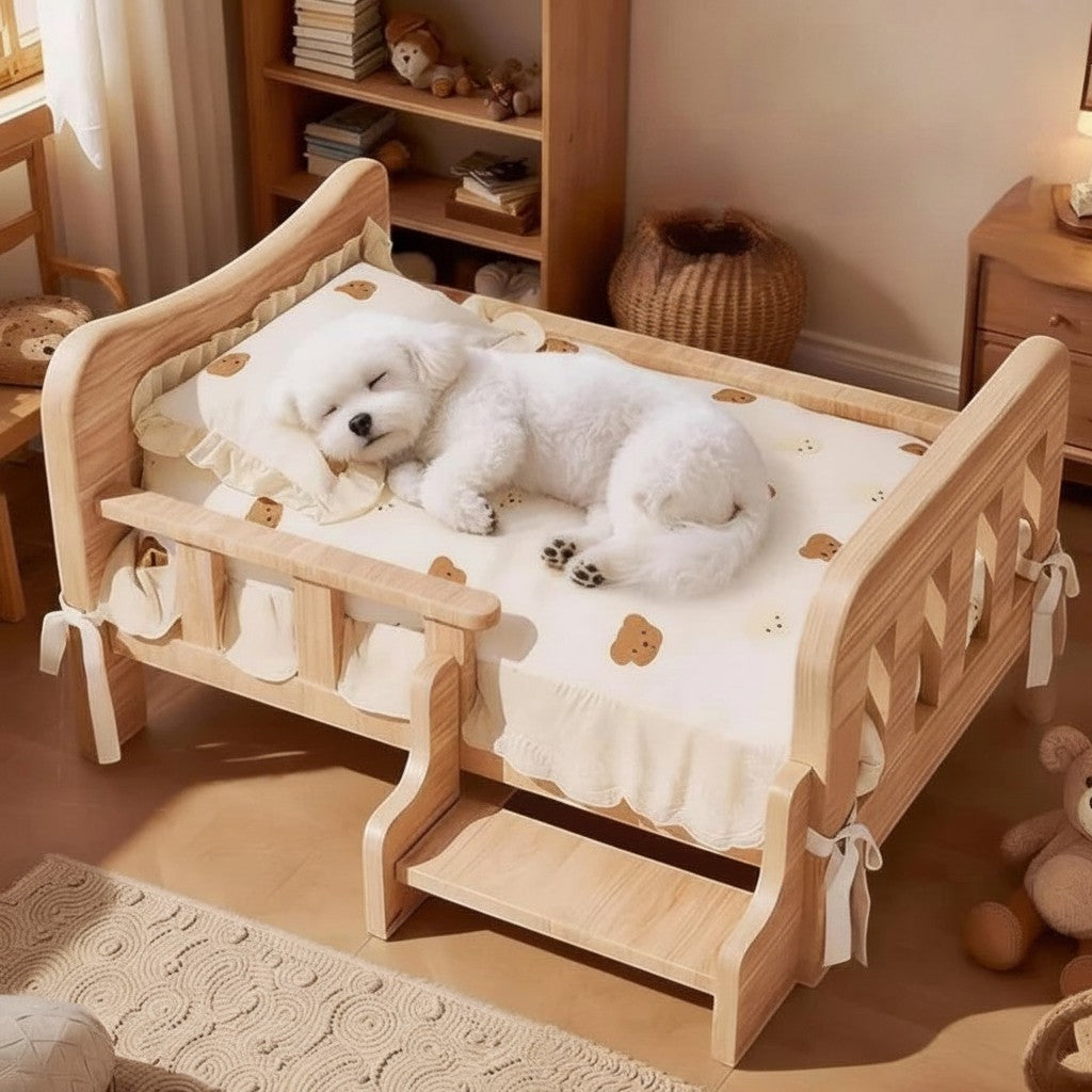 Mincy Pets elevated wooden dog bed with a small staircase and a white teddy bear print mattress for small dogs
