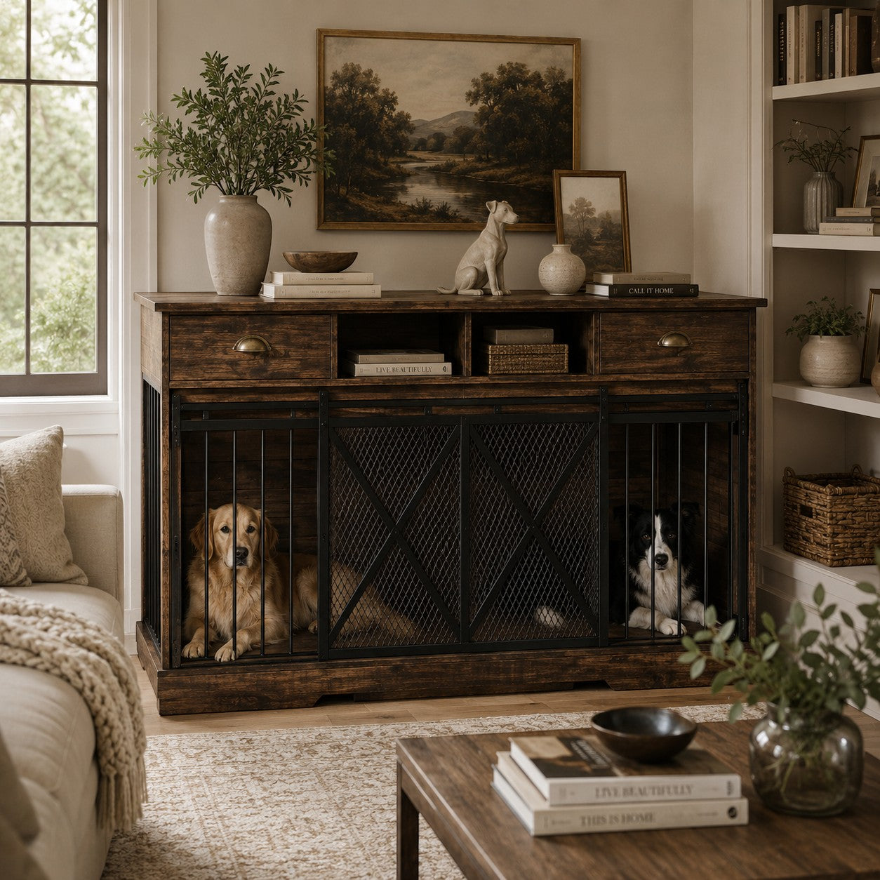 Mincy Pets Estate double kennel console in warm brown wood with sliding metal doors, drawers, and open shelving.