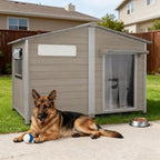 Mincy Pets extra large grey wooden dog house with asphalt roof, PVC door curtain, and German Shepherd in front