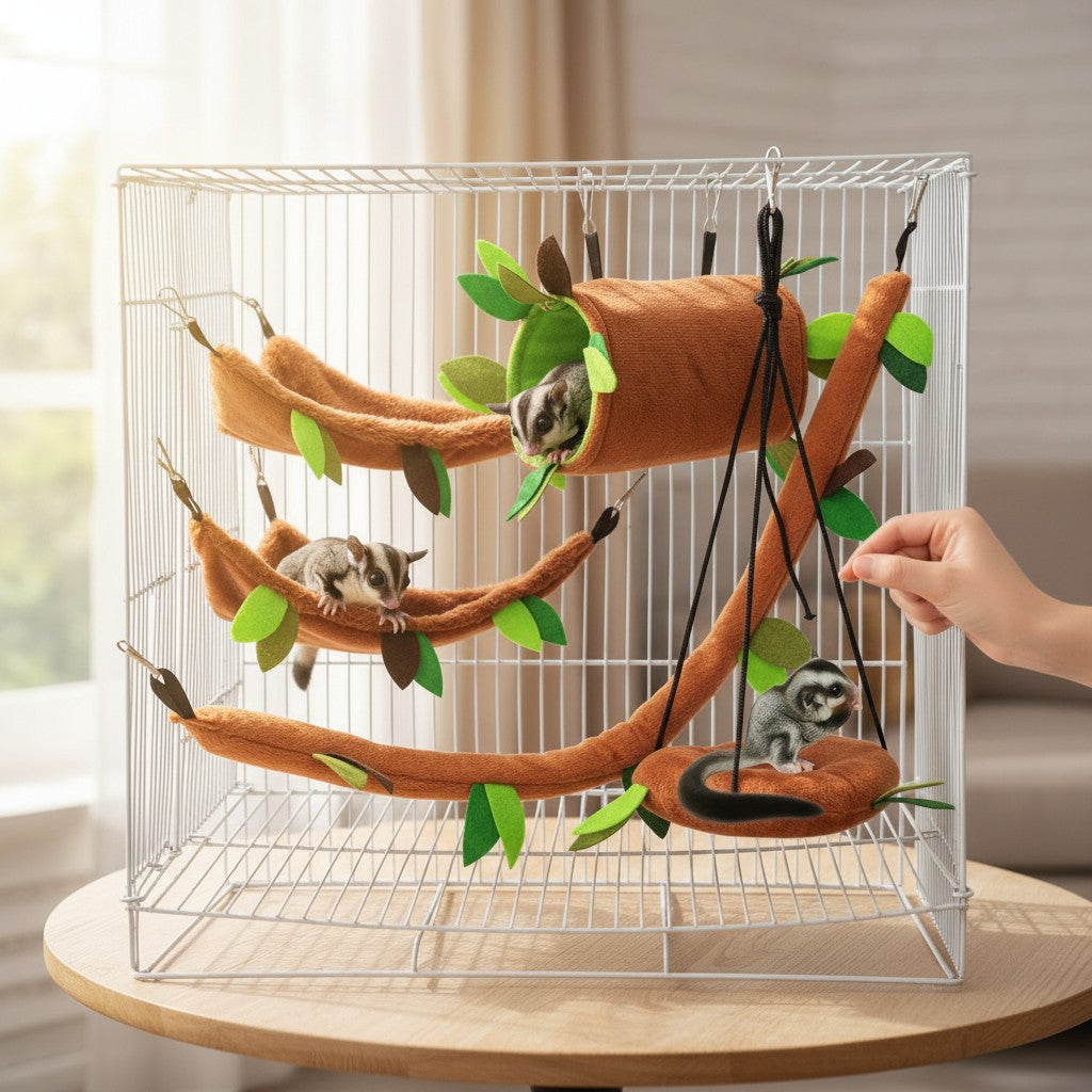 Mincy Pets 5-piece fleece hamster hammock set with hanging tunnel, swing, and platforms in a white wire cage