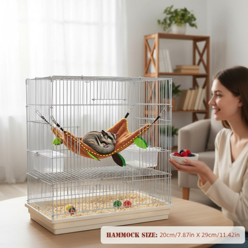 Mincy Pets fleece hamster hammock hanging in a wire cage with a sugar glider sleeping inside
