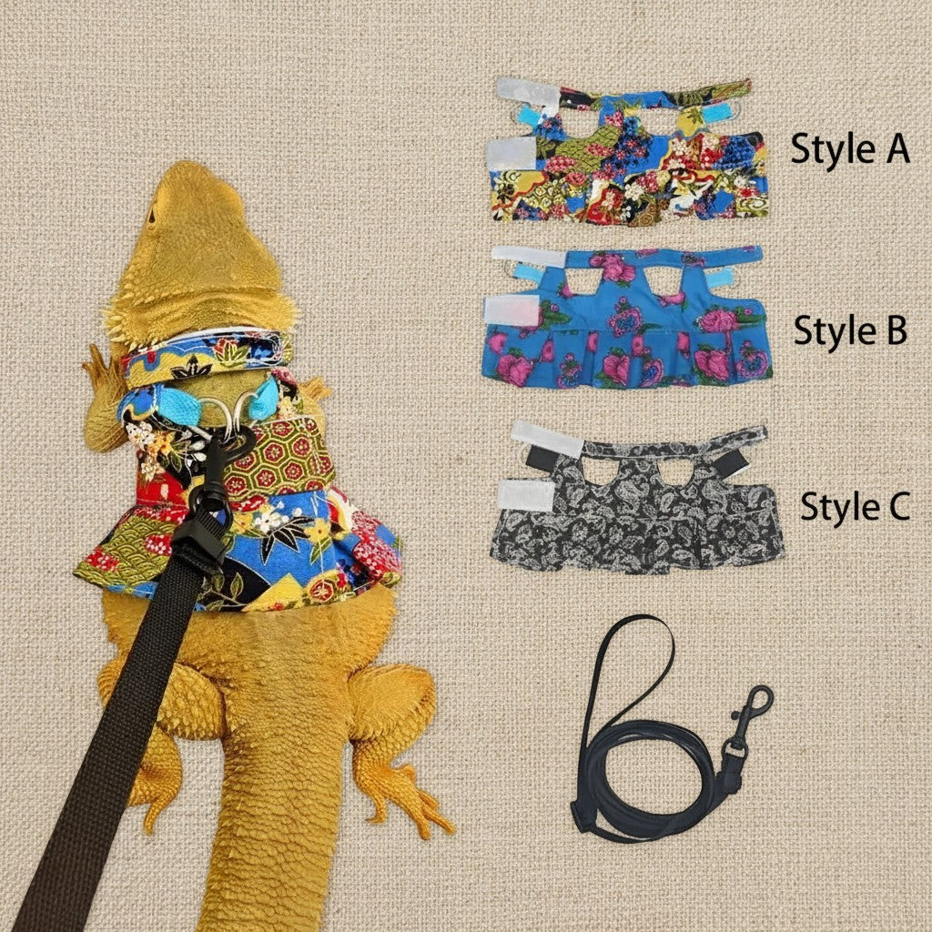 Mincy Pets adjustable floral lizard harness and leash set for bearded dragons with three different patterned designs.