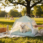 Mincy Pets portable mint green floral pet tent with a plush cushion and white lace trim for small dogs in a park