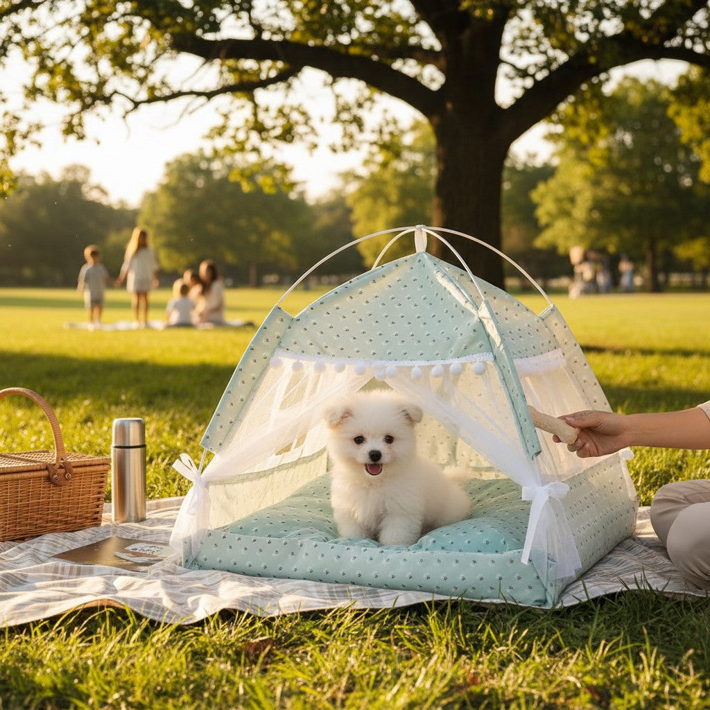 Mincy Pets portable mint green floral pet tent with a plush cushion and white lace trim for small dogs in a park