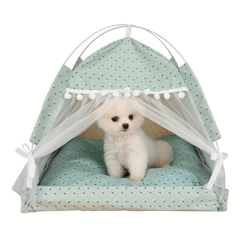 Mincy Pets floral print pet tent bed with white mesh curtains and a soft cushion for small dogs or cats