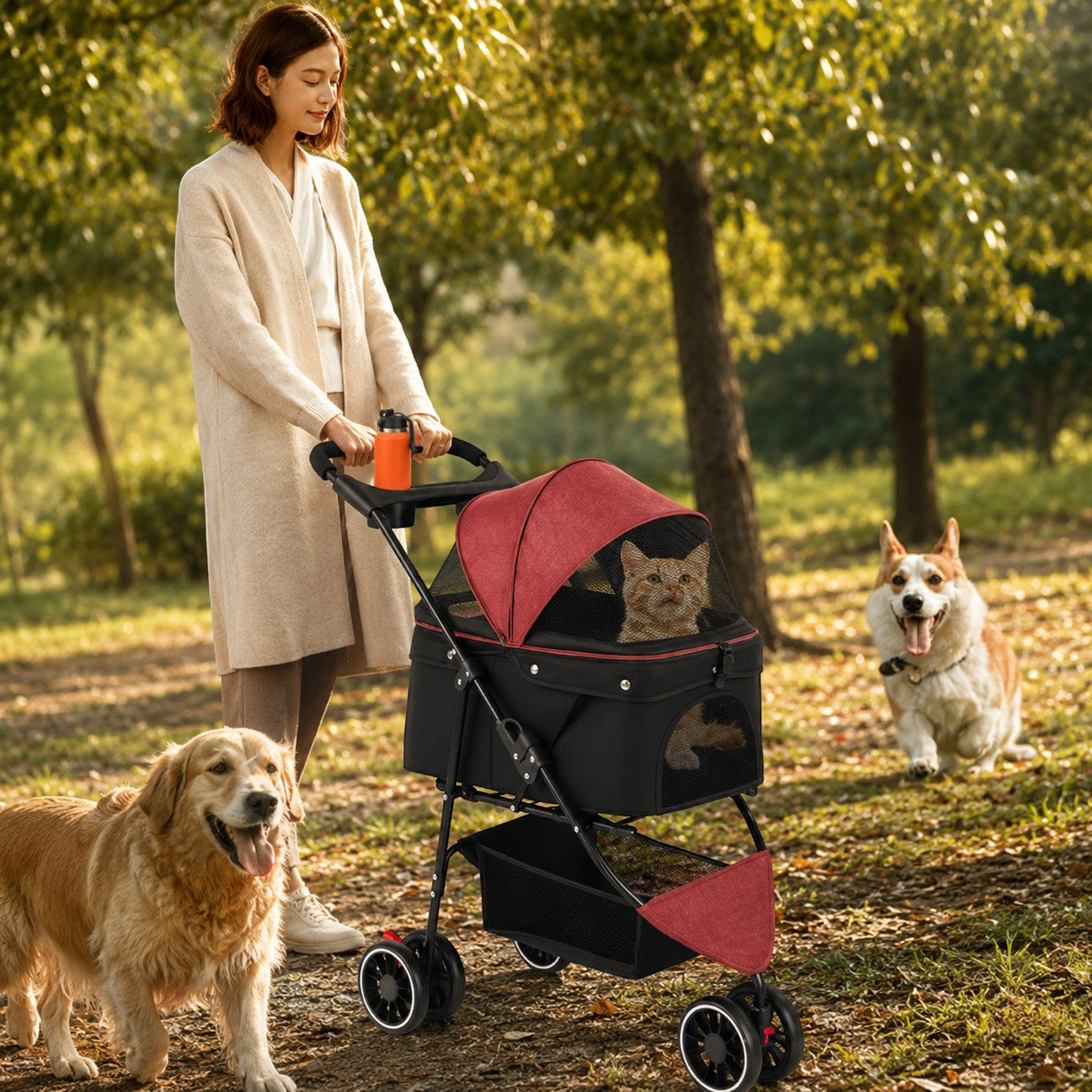Mincy Pets 3-wheel foldable pet stroller with red canopy and mesh windows, being pushed by a woman in a park.