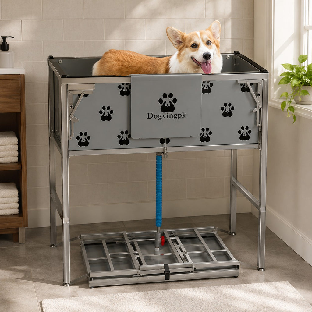 Mincy Pets foldable elevated dog bathtub with grey panels and paw print design featuring a corgi inside