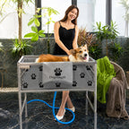 Mincy Pets foldable elevated dog bathtub with grey paw print design and blue drain hose for pet grooming