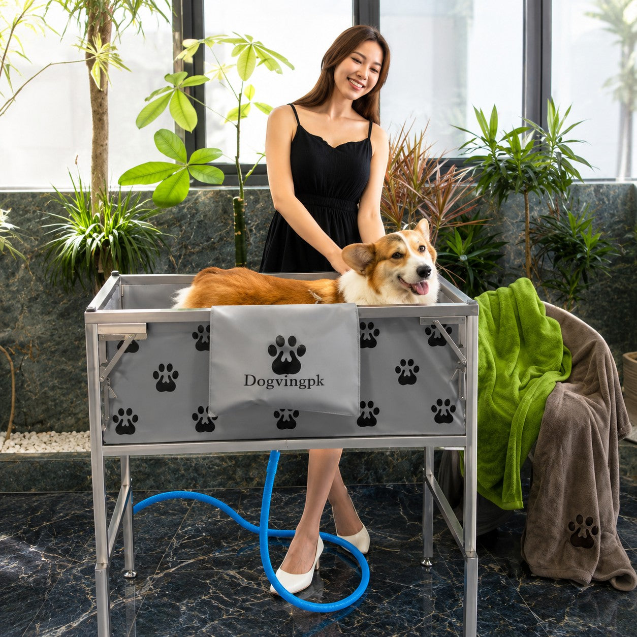 Mincy Pets foldable elevated dog bathtub with grey paw print design and blue drain hose for pet grooming
