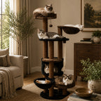 Mincy Pets Grand Manor Cat Tower with multiple levels, scratching posts, and cozy perches occupied by five cats.