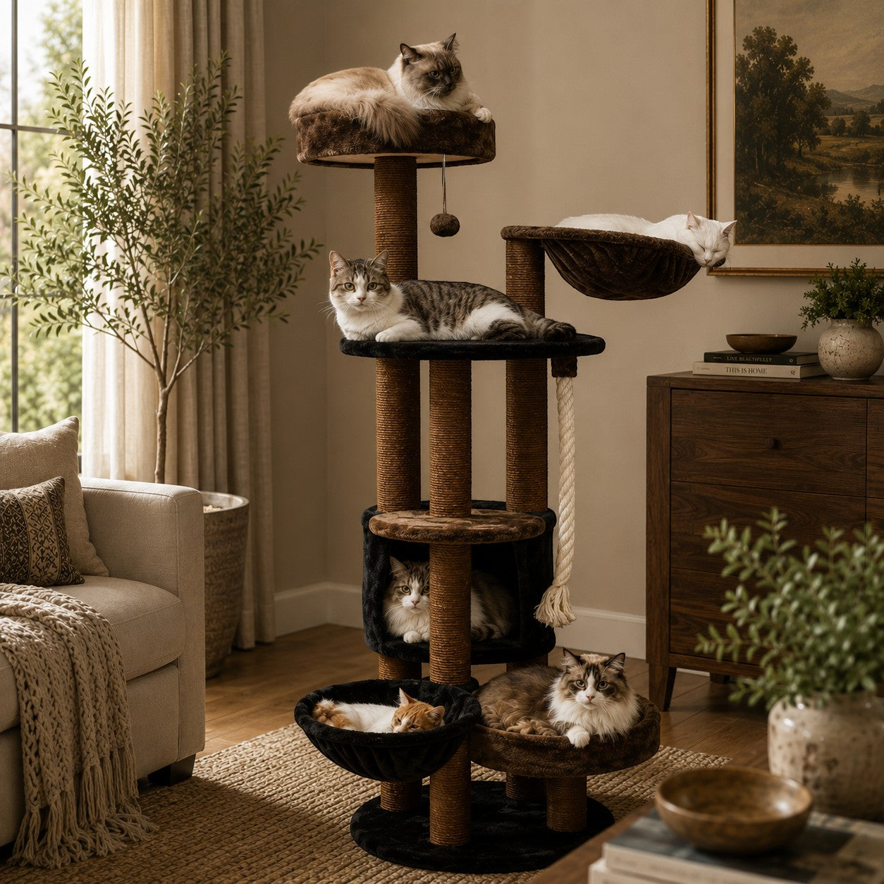 Mincy Pets Grand Manor Cat Tower with multiple levels, scratching posts, and cozy perches occupied by five cats.
