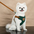 Mincy Pets green breathable dog vest harness with a cute bear patch and brown straps worn by a white fluffy dog