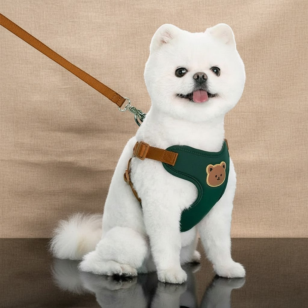 Mincy Pets green breathable dog vest harness with a cute bear patch and brown straps worn by a white fluffy dog
