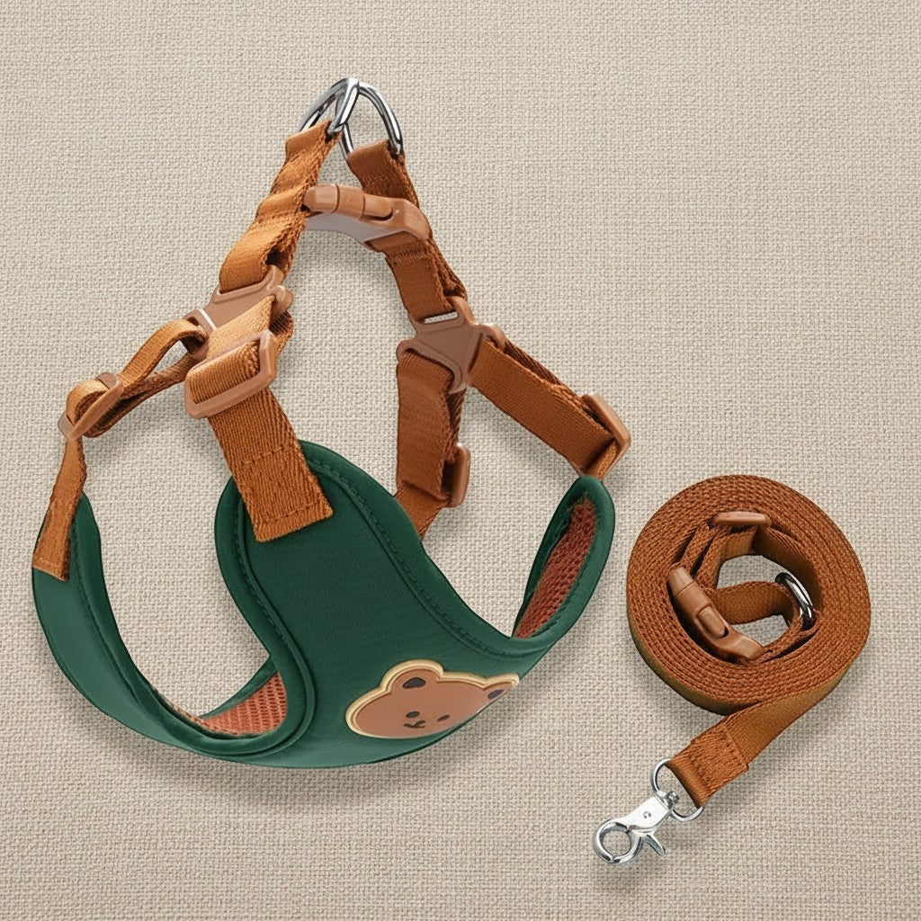 Mincy Pets breathable green and brown polyester dog harness and leash set with a cute bear patch design