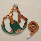 Mincy Pets breathable green and brown polyester dog harness and leash set with a cute bear patch design