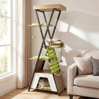 Mincy Pets 73-inch multi-level cat tree with green cushions, jute scratching areas, and a modern X-shaped metal frame.