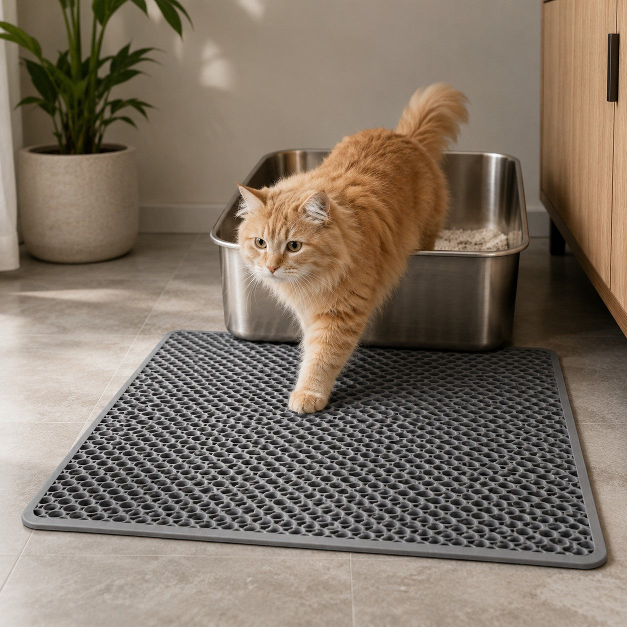 Mincy Pets ultra-large grey honeycomb cat litter mat with non-slip design placed in front of a metal litter box