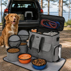 Mincy Pets grey nylon pet travel bag set with food containers and bowls, featuring a dog sitting by a car outdoors.
