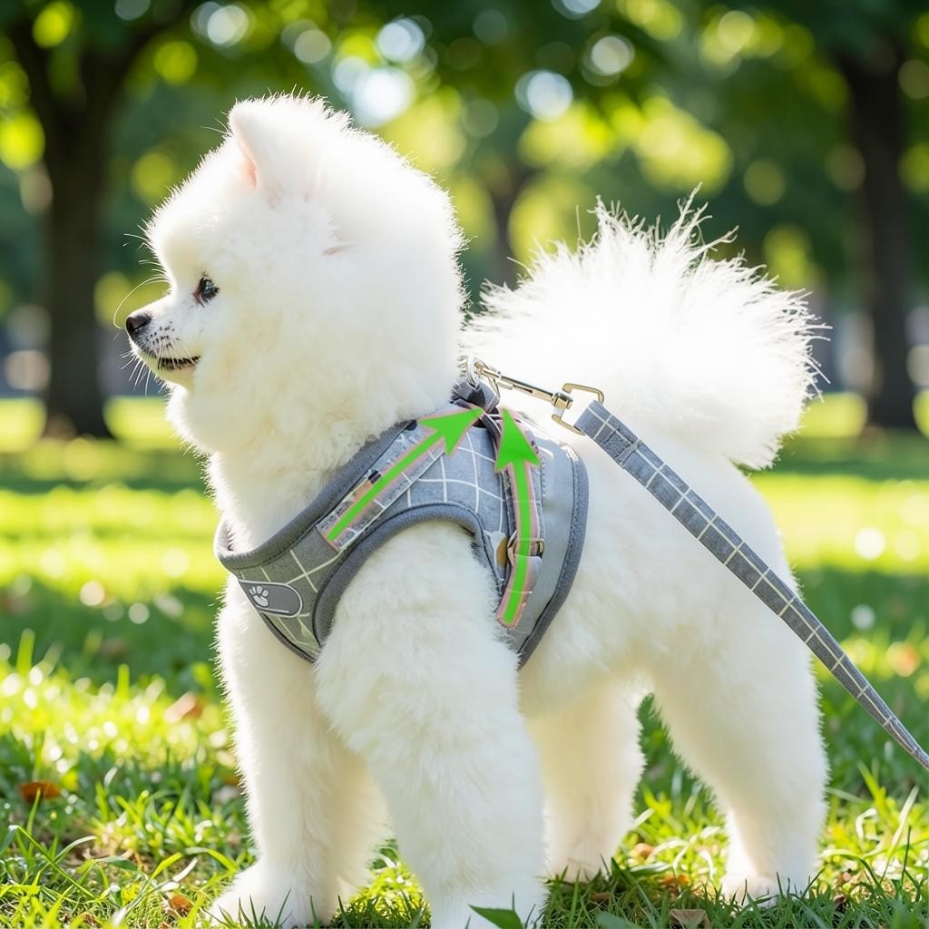 Mincy Pets grey plaid breathable nylon harness vest with matching leash on a fluffy white dog in a park