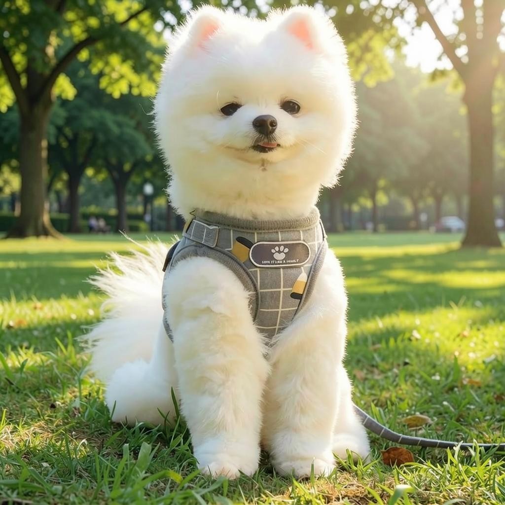 Mincy Pets grey plaid breathable nylon dog harness vest worn by a fluffy white Pomeranian in a sunny park