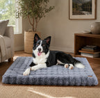 Mincy Pets ultra-plush grey dog bed mat with a thick foam core and waterproof lining, featuring a border collie.