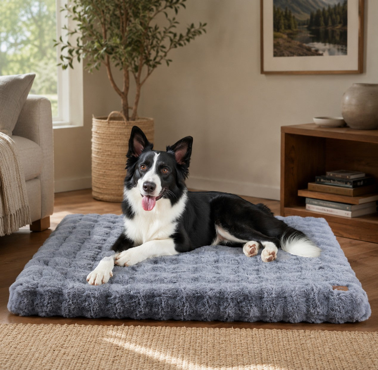 Mincy Pets ultra-plush grey dog bed mat with a thick foam core and waterproof lining, featuring a border collie.
