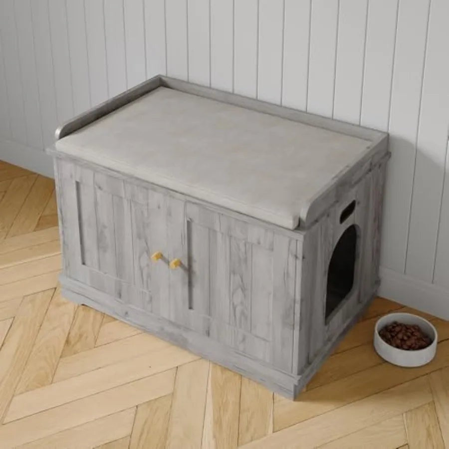 Mincy Pets grey wooden cat litter box enclosure cabinet with a cushioned top and side entry hole in a modern home