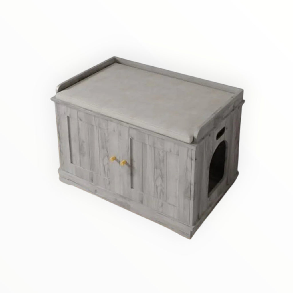 Mincy Pets grey wooden cat litter box enclosure cabinet with a cushioned top seat and side entry hole