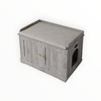 Mincy Pets grey wooden cat litter box enclosure cabinet with a cushioned top seat and side entry hole