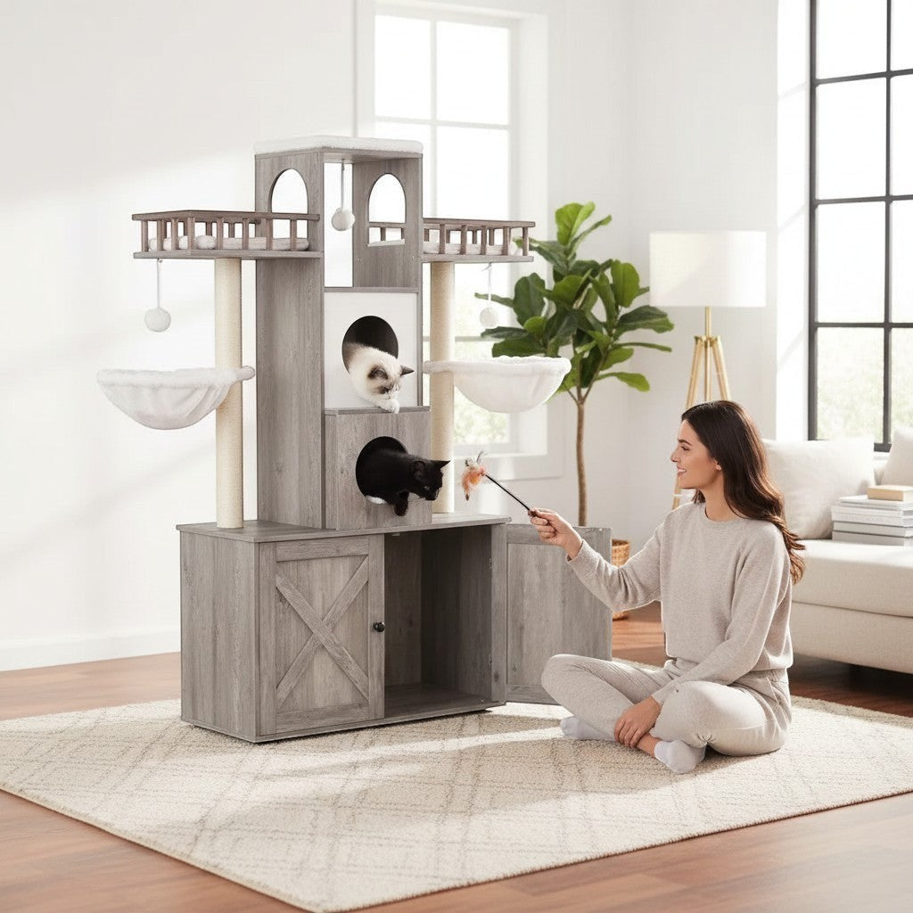 Mincy Pets modern grey wooden cat tree with integrated litter box enclosure, hammocks, and perches in a living room.