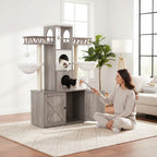 Mincy Pets modern grey wooden cat tree with integrated litter box enclosure, hammocks, and perches in a living room.