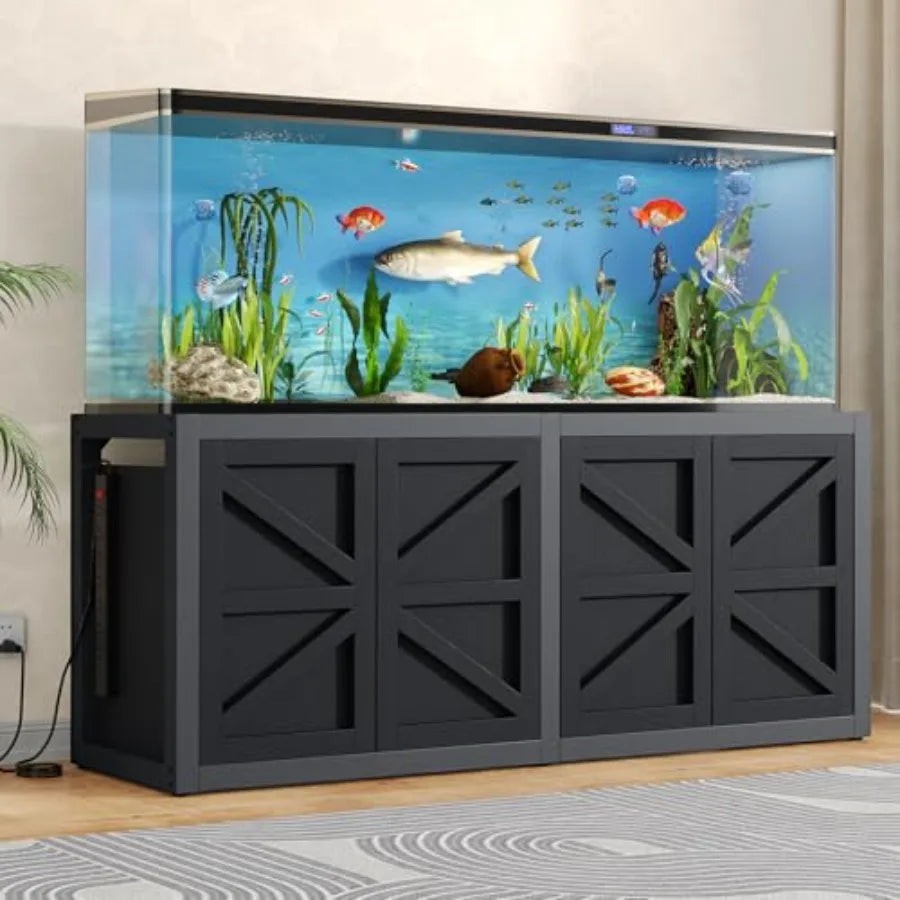Mincy Pets heavy duty black aquarium stand with four cabinet doors and built-in power outlet for 125-150 gallon tanks