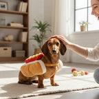 Mincy Pets hot dog costume on a brown dachshund being petted by a woman in a bright living room