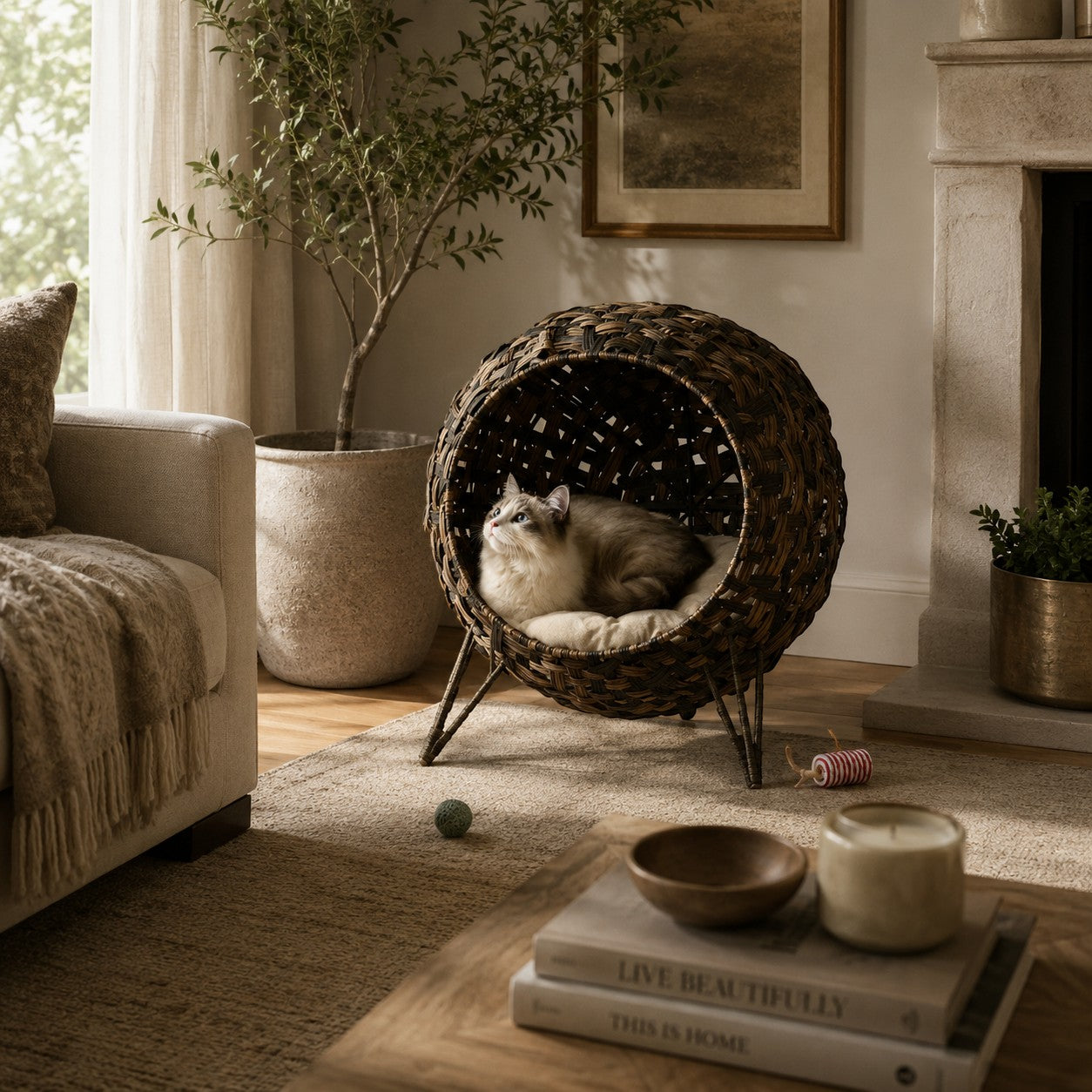 Mincy Pets Hyacinth cat house, an elevated dark woven rattan egg chair with a soft cushion in a cozy living room.