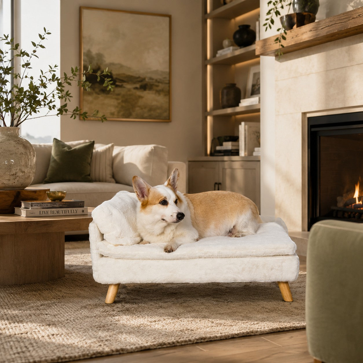 Mincy Pets L-shaped plush dog sofa bed with wooden legs, featuring a cozy white nesting design in a living room.