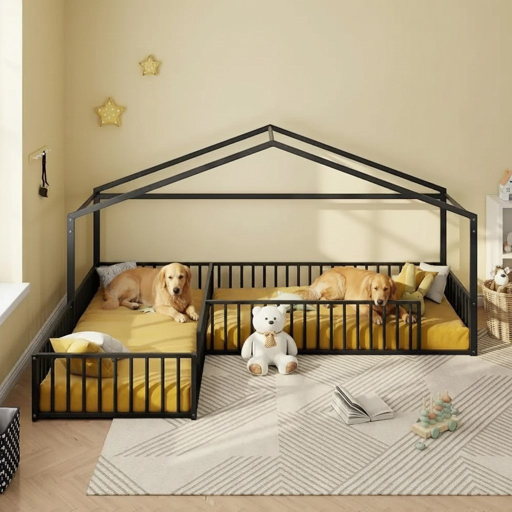 Mincy Pets L-shaped black metal house bed for two dogs with yellow mattresses and guardrails in a cozy room
