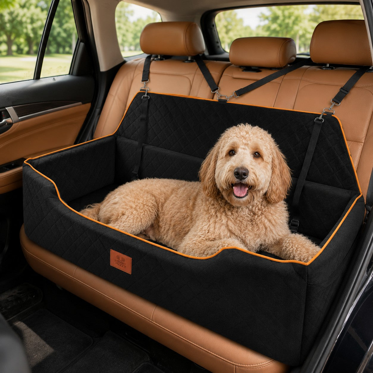 Mincy Pets large dog car seat in black with orange trim, featuring a memory foam bed for backseat or trunk travel.