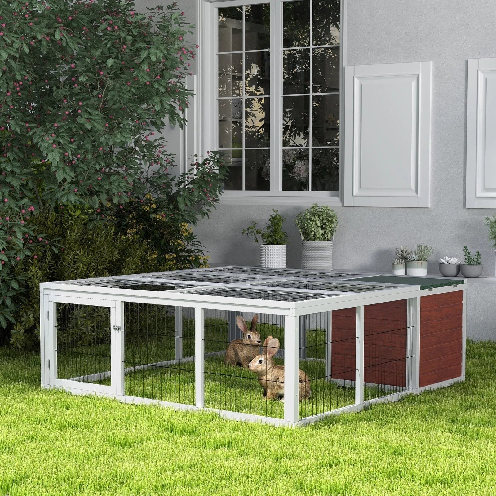 Mincy Pets large outdoor rabbit hutch with wire mesh run, brown and white fir wood frame, and green asphalt roof.