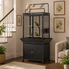 Mincy Pets large dark walnut rolling bird cage with play top, storage cabinet, and perches in a cozy living room