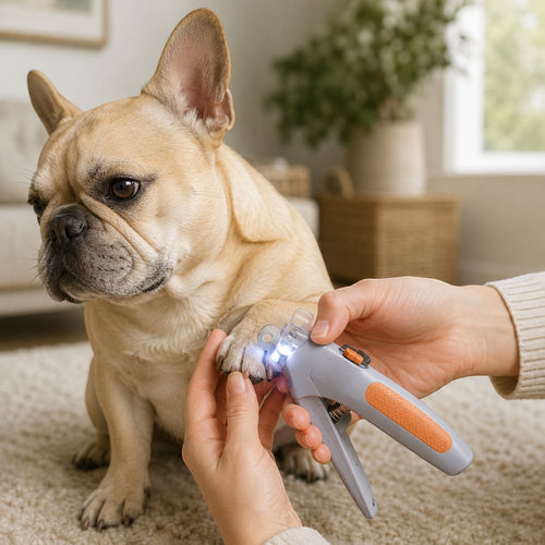 Mincy Pets LED pet nail clipper with light being used to safely trim a French Bulldog's claws at home