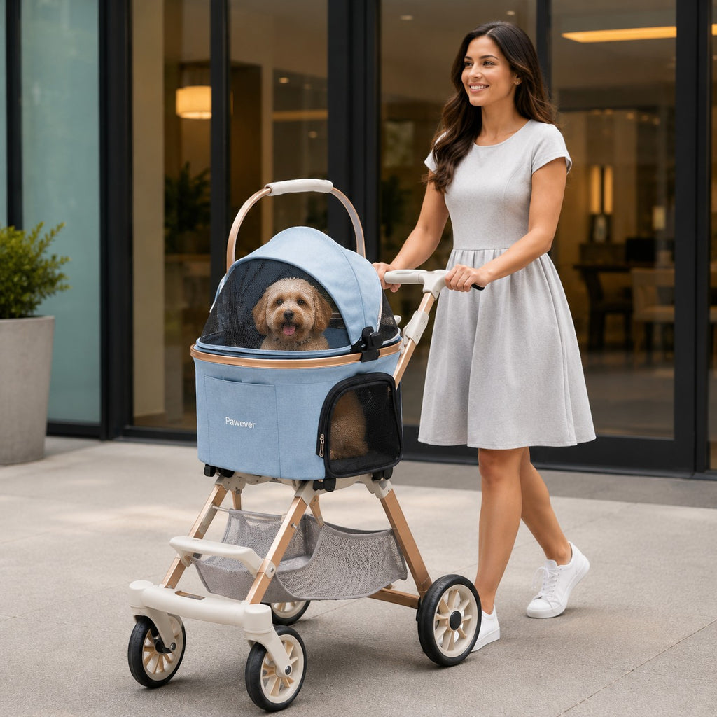 Mincy Pets light blue foldable pet stroller with a small dog inside, being pushed by a woman on a sidewalk.