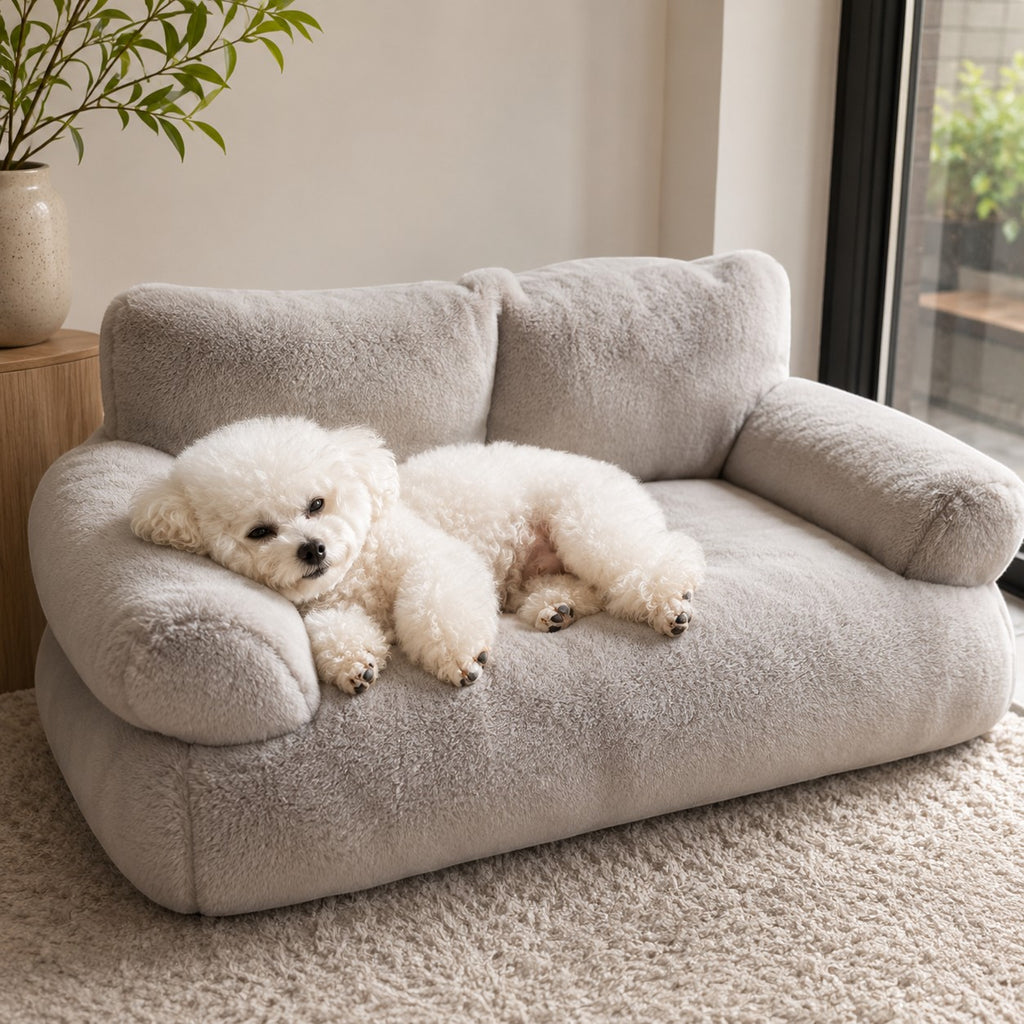Mincy Pets light gray fluffy sofa bed with a white Bichon Frise dog resting comfortably on it.