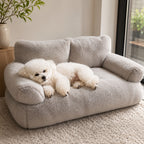 Mincy Pets light gray fluffy sofa bed with a white Bichon Frise dog resting comfortably on it.