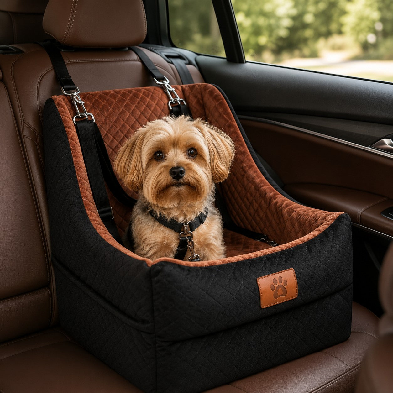 Mincy Pets elevated memory foam dog car seat in black and brown quilted fabric with a small dog sitting inside.