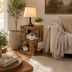Mincy Pets modern wood corner cat tree with two levels, enclosed condos, and cats resting in a cozy living room.