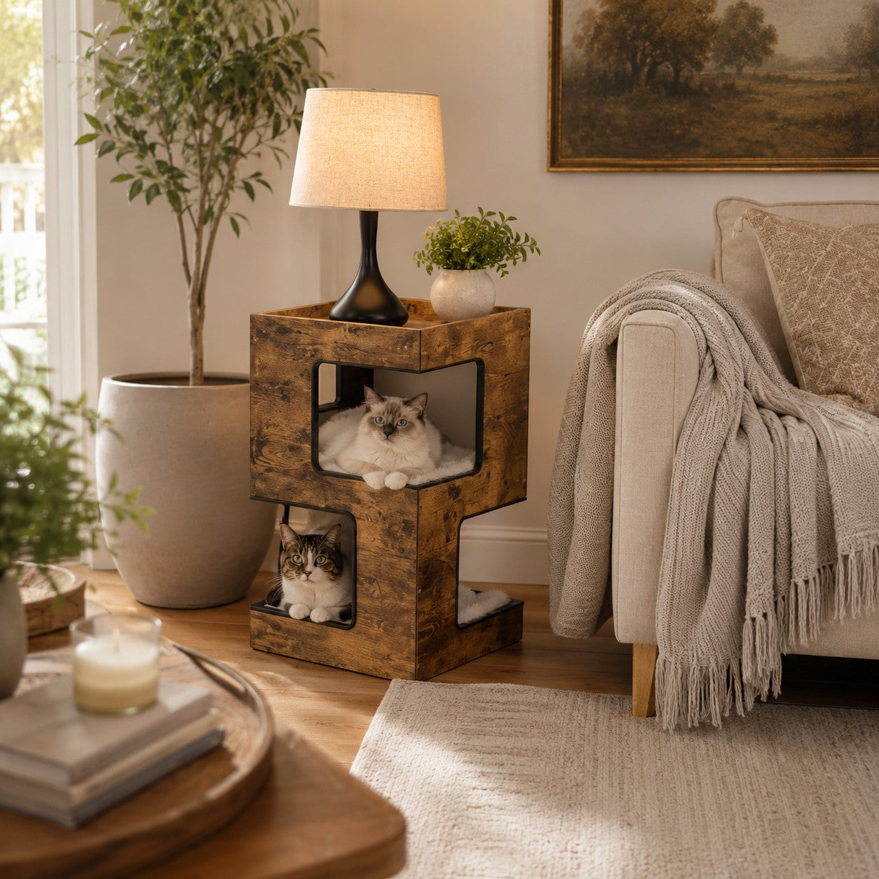 Mincy Pets modern wood corner cat tree with two levels, enclosed condos, and cats resting in a cozy living room.